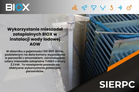 Baner informacyjny, z informacją o wykorzystaniu mieszadeł zatapialnych Turbo, które dostępne są w ofercie Biox, w instalacji wody lodowej OSM Sierpc.